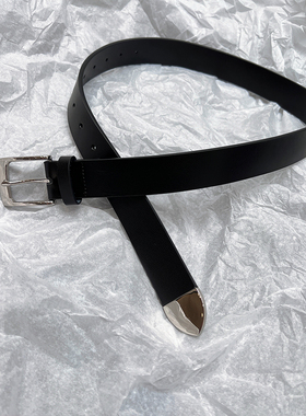 Achen姐妹简约小众黑银配色头层牛皮镀银扣皮带腰带