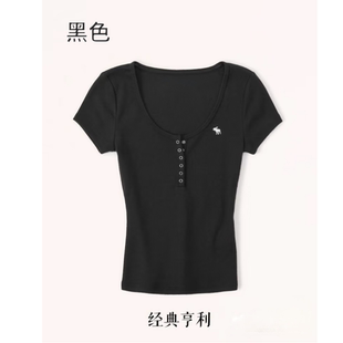 黑色修身短袖T恤女夏纽扣装饰显瘦设计感打底上衣AF亨利领衫