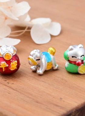 S999足银彩色滴胶马上有钱福袋金钱猫隔珠 可爱3D立体DIY手串配件