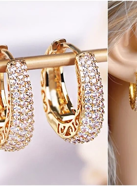 Luxury Paved CZ Hoop Earrings for Women Gold Color Hollow