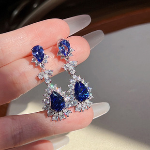 Drop-shaped New Full-diamond Simulation Earrings Blue Bride