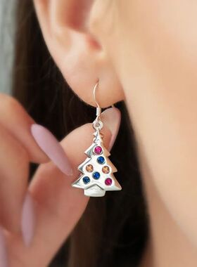 Christmas Tree Shaped Dangle Earrings with Colorful Cubic