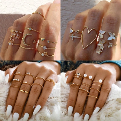Bohemian Gold Color Geometric Rings Set For Women Fashion