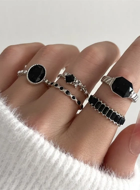 Retro Black Crystal Stone Ring Set For Women Vintage