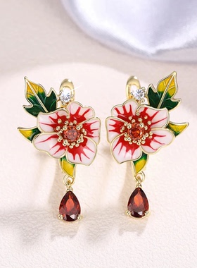 Gorgeous Flower Earrings for Women Red Flower Green Leaf
