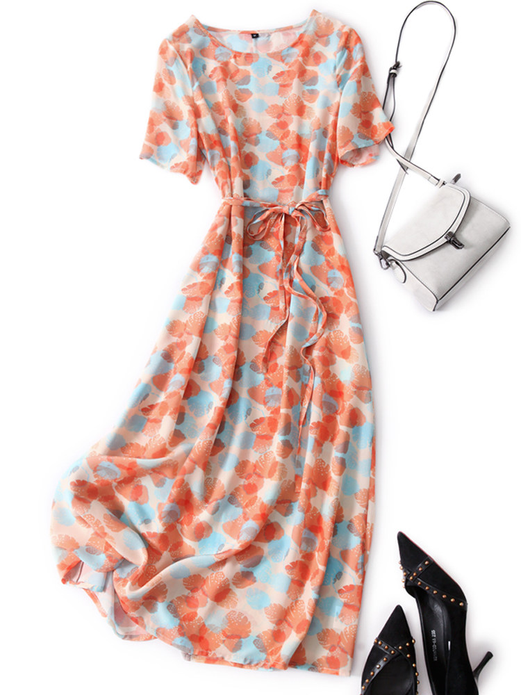 FRENCH LIGHT LUXURY MULBERRY SILK FLORAL DRESS WOMENS SUMMER TEMPERAMENT RETRO ROUND NECK TIE WAIST SILK MIDI SKIRT