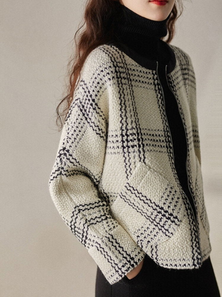 FRENCH LIGHT LUXURY SMALL FRAGRANCE WOOL JACKET WOMENS 2024 AUTUMN BLACK AND WHITE CHECK TEMPERAMENT LOOSE CASUAL CROP TOP