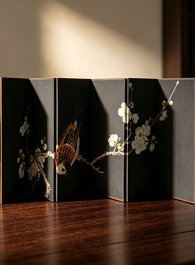 中古风花鸟图双面桌面小屏风背景摆件博物馆文创生日礼物东方美学
