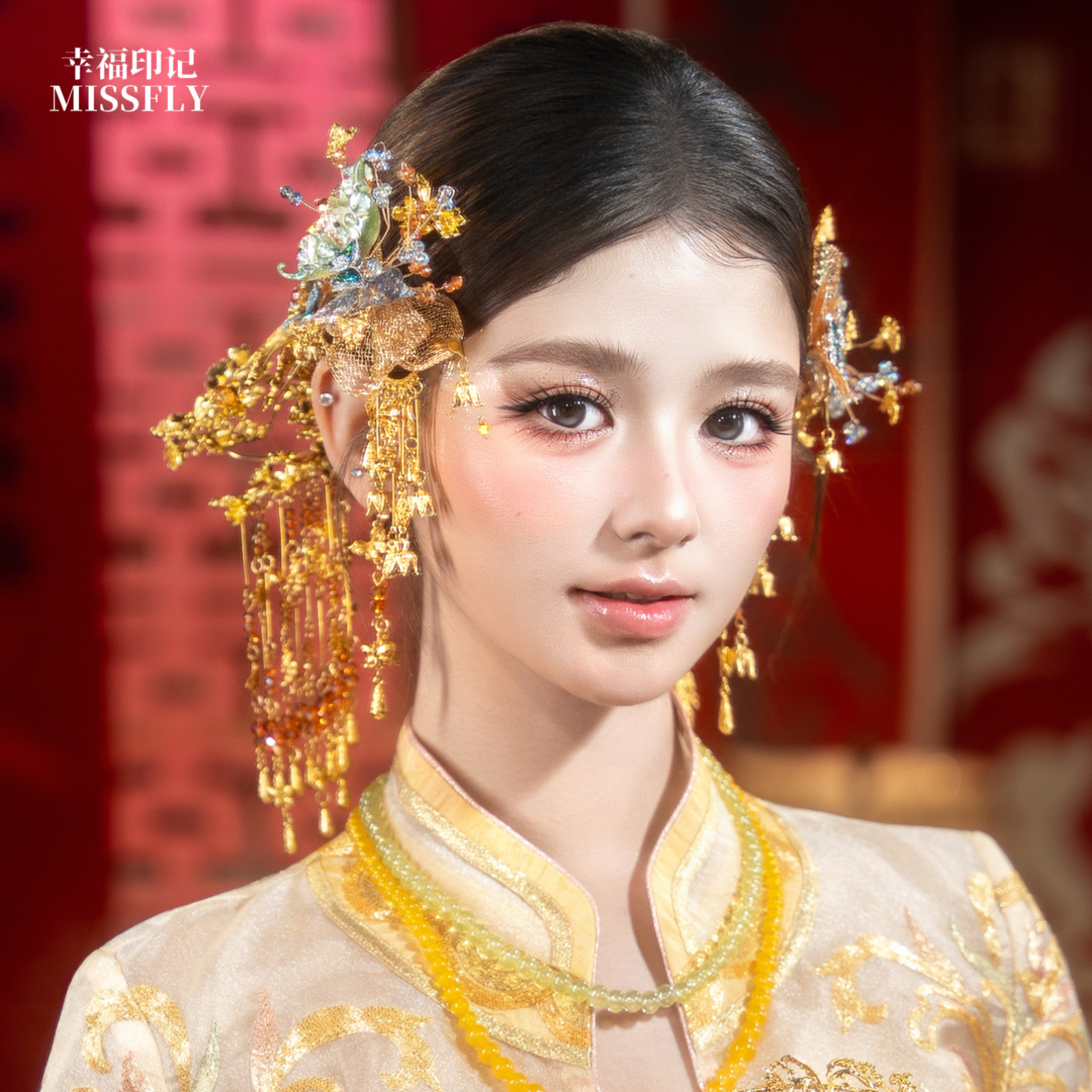 浅色小清新新娘新中式头饰金蓝色蝴蝶结缠花秀禾发饰清冷高级减龄