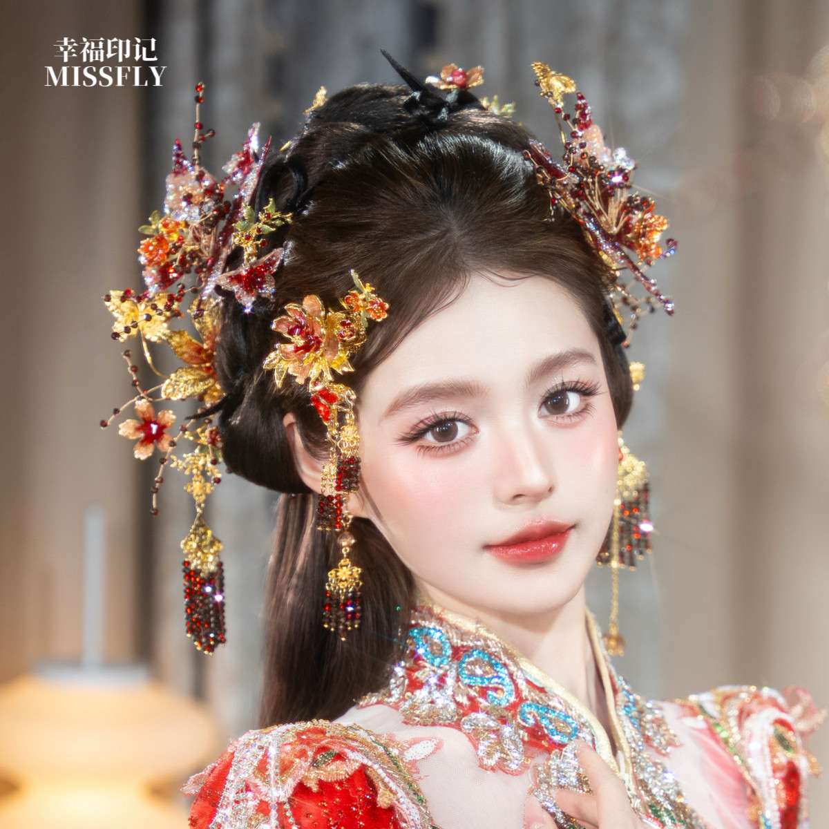 金红色秀禾头饰新中式新娘婚礼旗袍晨袍马面裙蝴蝶花朵发饰减龄仙