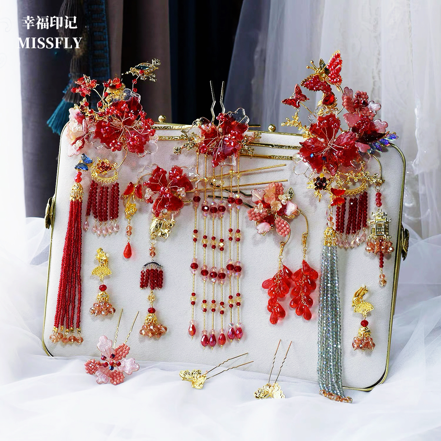 金红色秀禾头饰新娘新中式旗袍马面裙发饰分体套装减龄水凝花朵