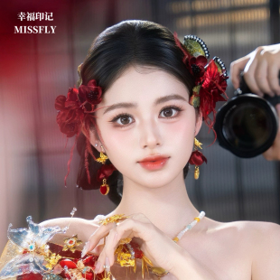 金红绿发簪羽毛秀禾旗袍晨袍南洋礼服敬酒服新中式龙凤褂新娘头饰