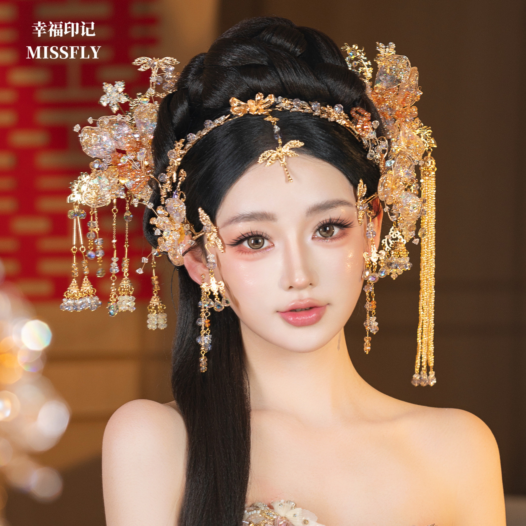 金色秀禾头饰新娘结婚晨袍龙凤褂旗袍汉服发饰古风发箍分体发饰