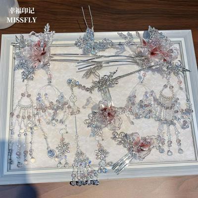 新娘银色头饰中式水晶发簪粉色秀禾服汉服马面裙头饰古风晨袍发饰