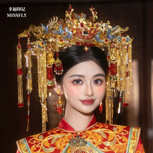 新娘秀禾汉服凤冠头饰金红蓝凤凰半冠后区龙凤褂发饰大气华丽百搭
