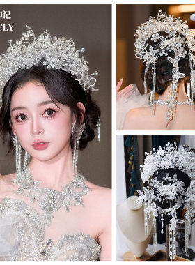 蕾丝蝴蝶皇冠新娘后区头饰新款奢华大气公主高端水晶高级婚纱王冠