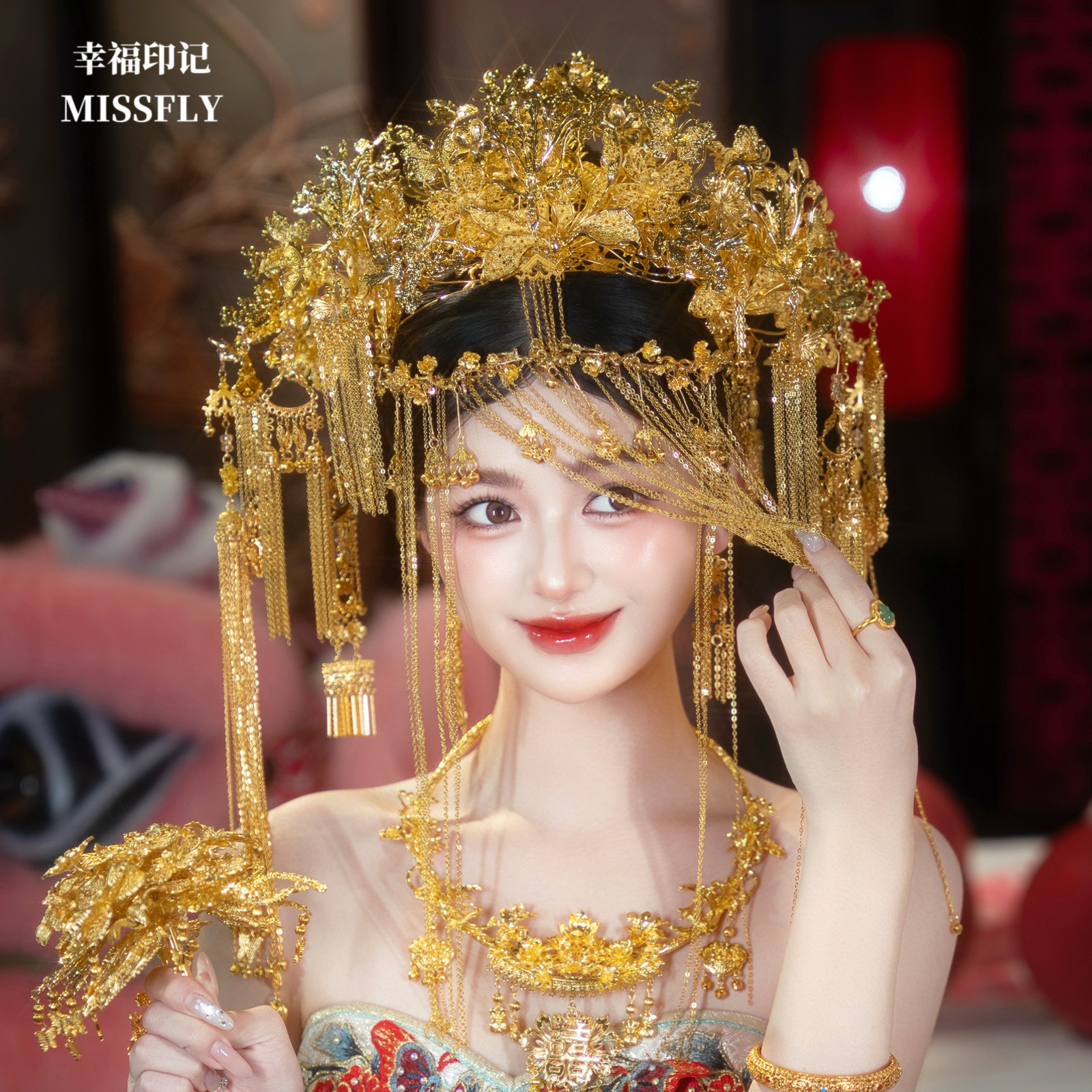 华丽金色凤冠中式婚礼新娘头饰南洋礼服秀禾汉服发饰面帘可当后区
