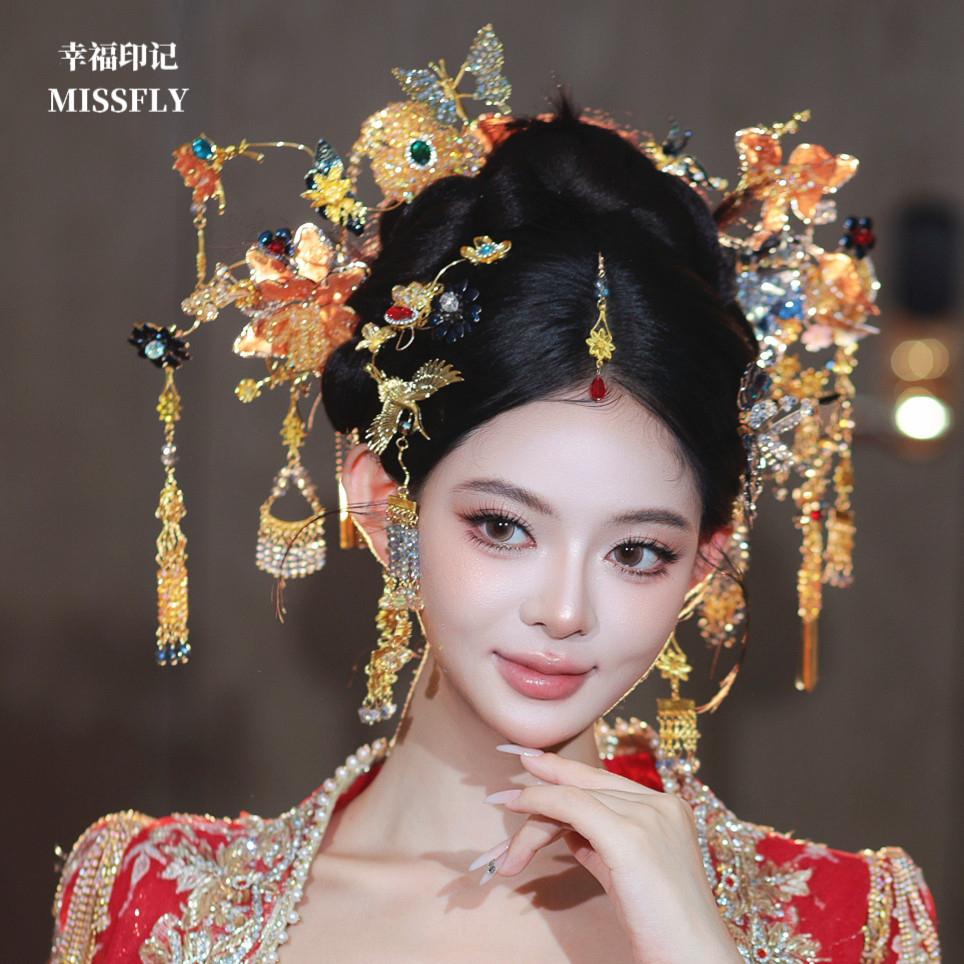 金蓝色秀禾头饰旗袍晨袍汉服发饰