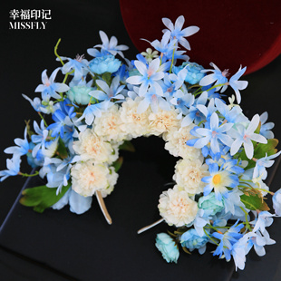 簪花蓝色香槟色花环发箍婚礼发饰汉服新娘旅拍日常拍照写真头饰品