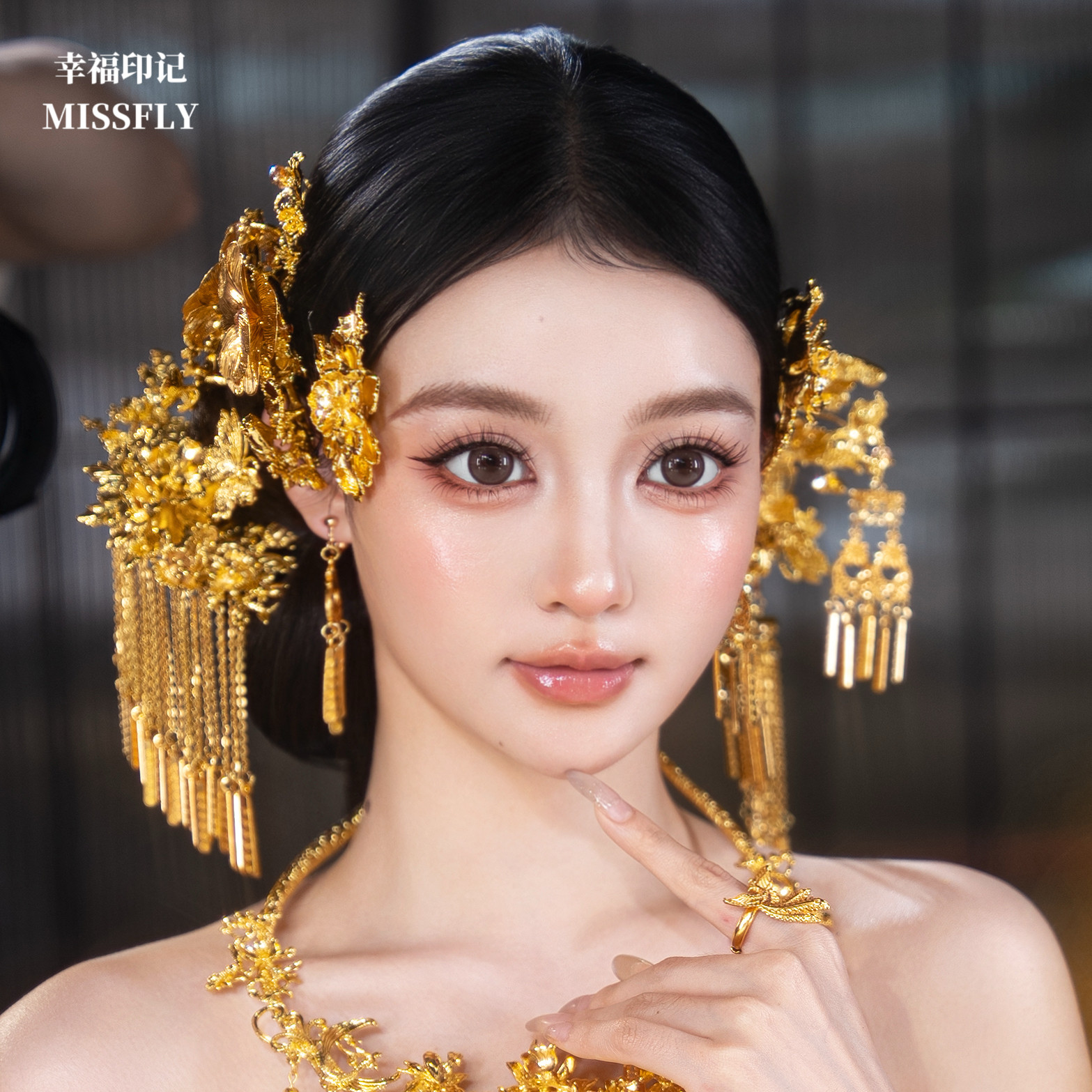 森系新中式金色头饰新娘秀禾晨袍龙凤褂南洋礼服古风底盘发发饰仙