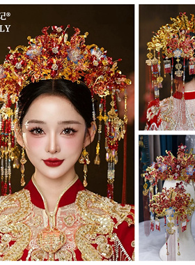 金红色大凤冠头饰带喜字后区新娘秀禾花朵发饰发冠显脸小大气华丽