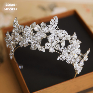 弹簧灵动蝴蝶皇冠头饰新娘水钻王冠婚纱公主婚纱礼服发饰减龄超仙