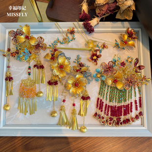 新娘新中式秀禾龙凤褂头饰金红蓝花朵分体套装发饰高级感减龄百搭