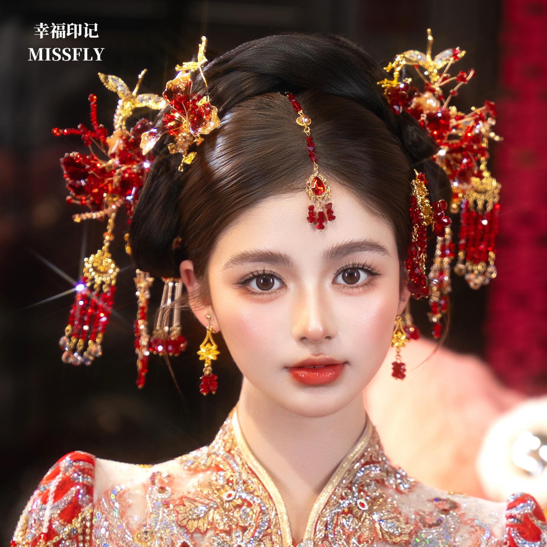 金红色秀禾眉心坠后区分体头饰新娘新中式婚礼旗袍发饰减龄大气