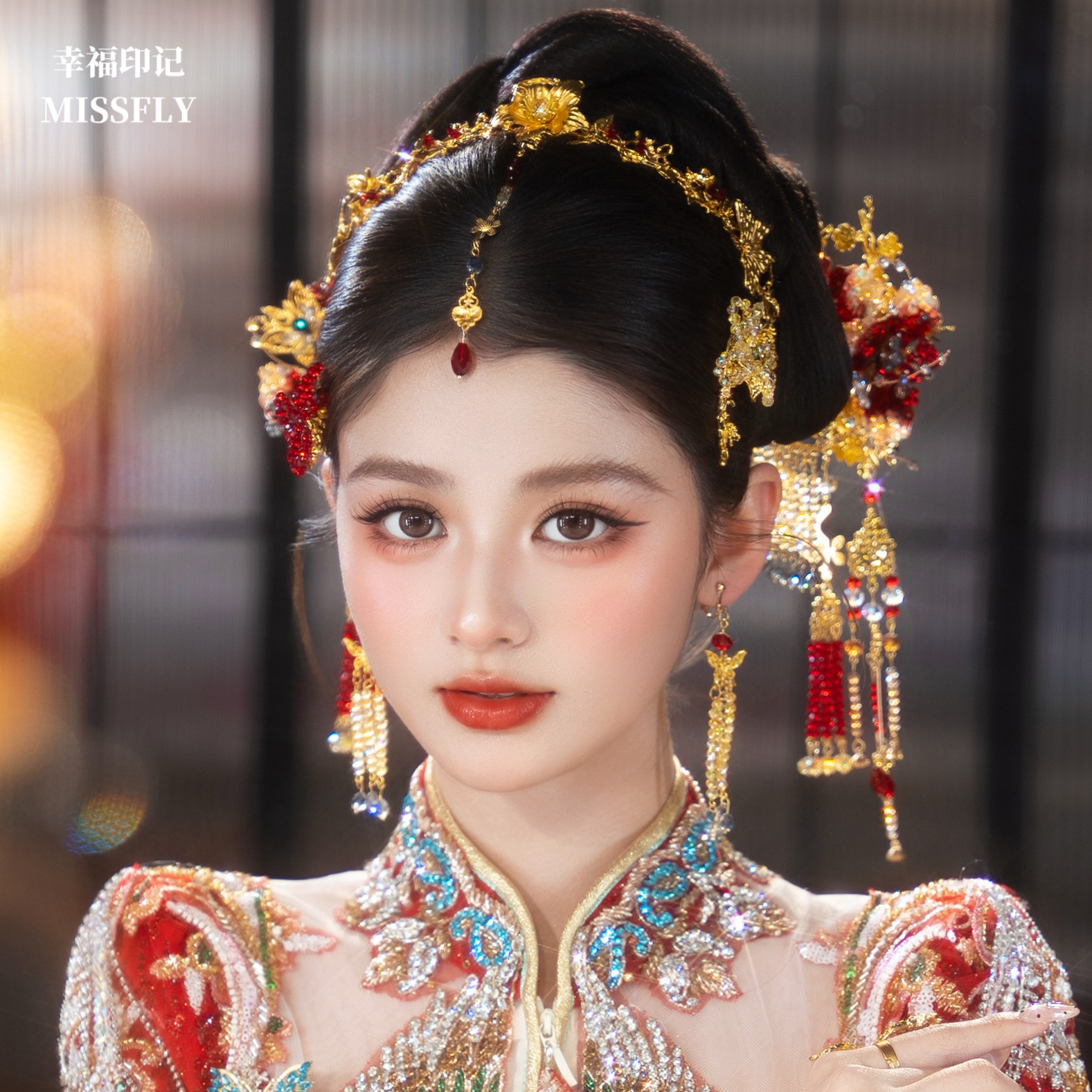 新娘金红色秀禾旗袍头饰眉心坠发箍减龄甜美新中式分体套装发饰
