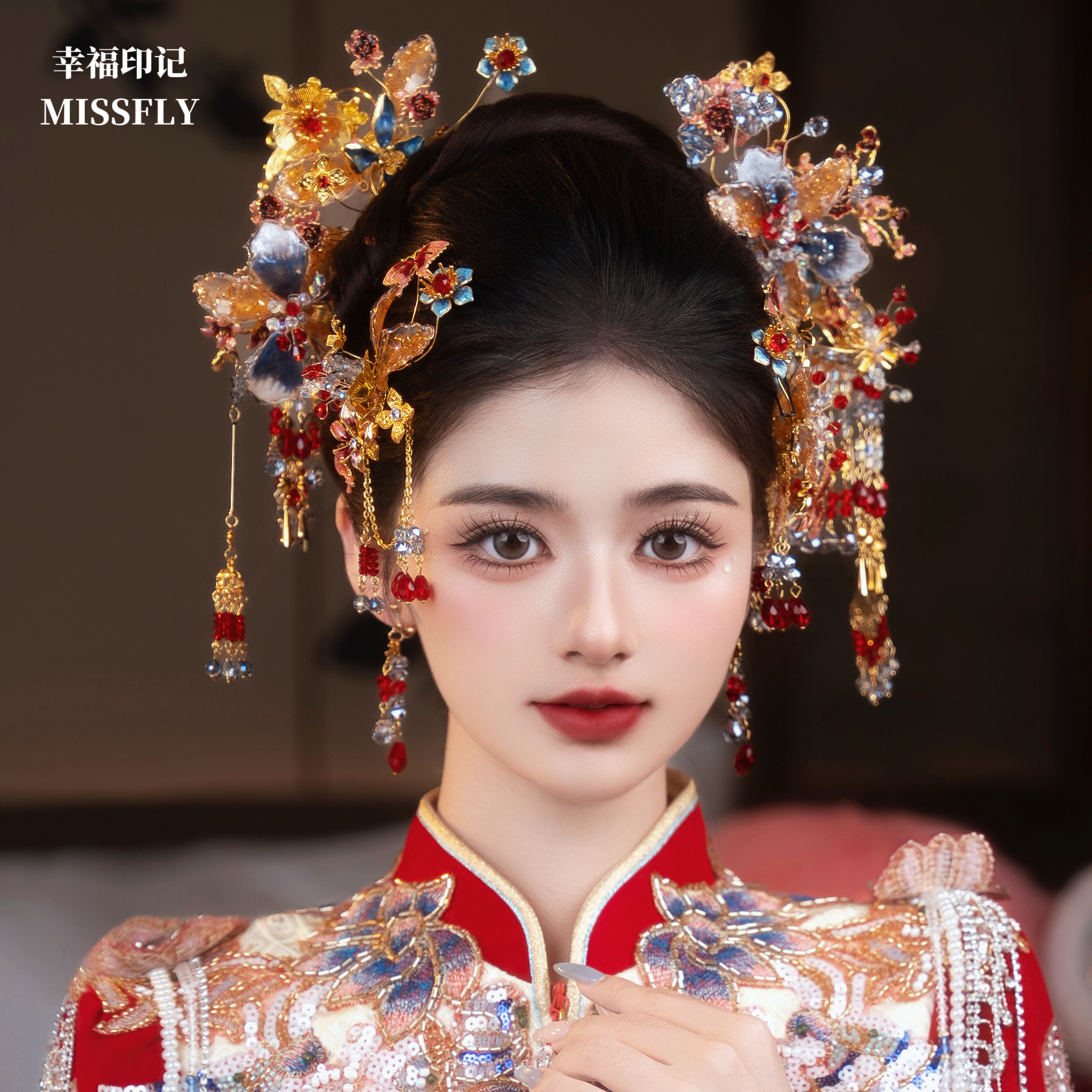 新娘金红蓝秀禾头饰新中式厚水晶胶花朵发簪重工步摇高级感减龄