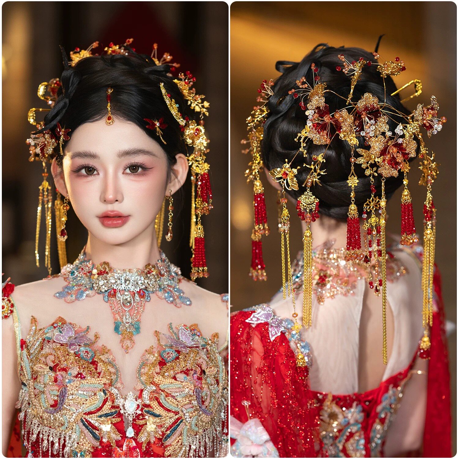 后区长流苏新中式新娘金红色头饰秀禾旗袍南洋风礼服发饰减龄大气