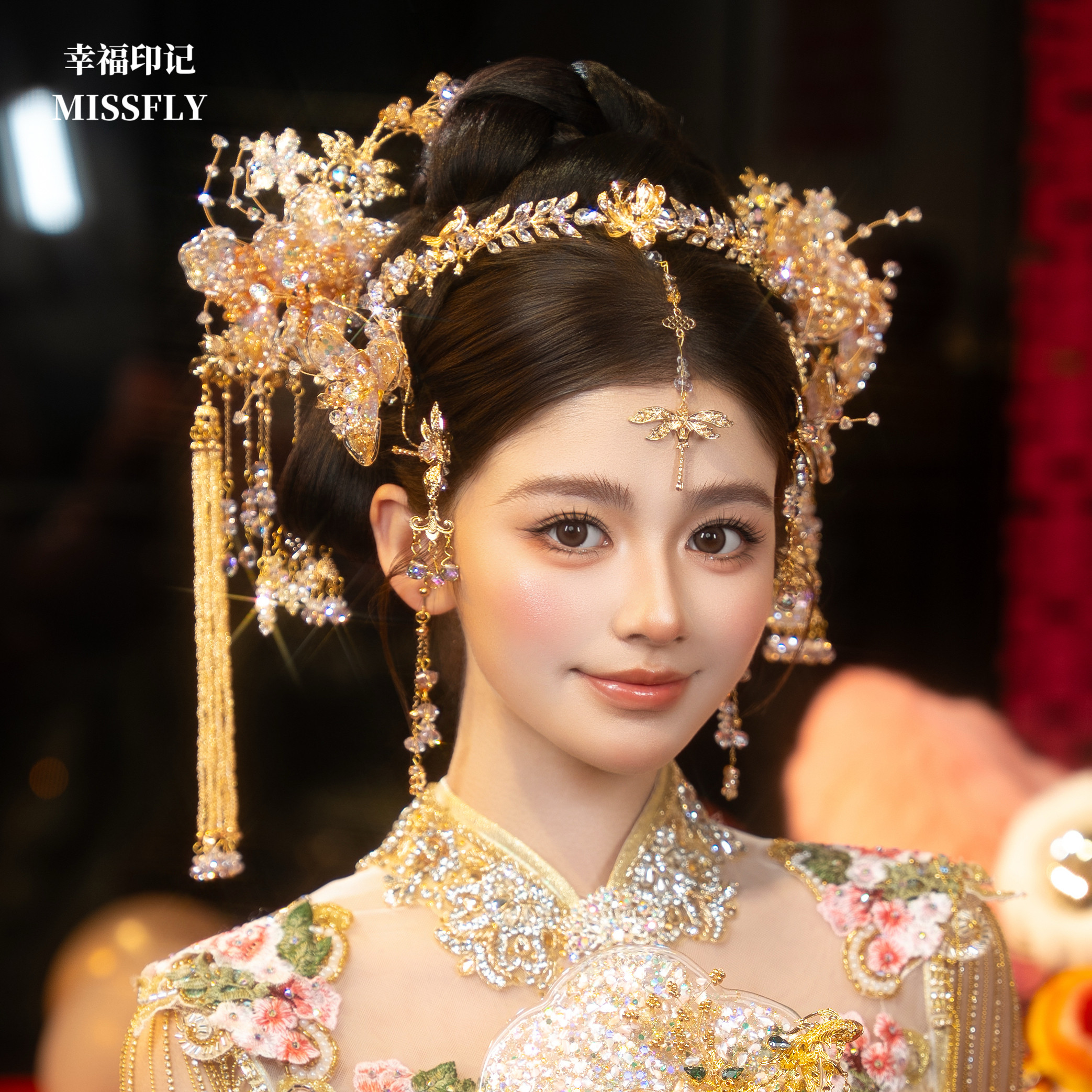金色秀禾头饰新娘结婚晨袍龙凤褂旗袍汉服发饰古风发箍分体发饰