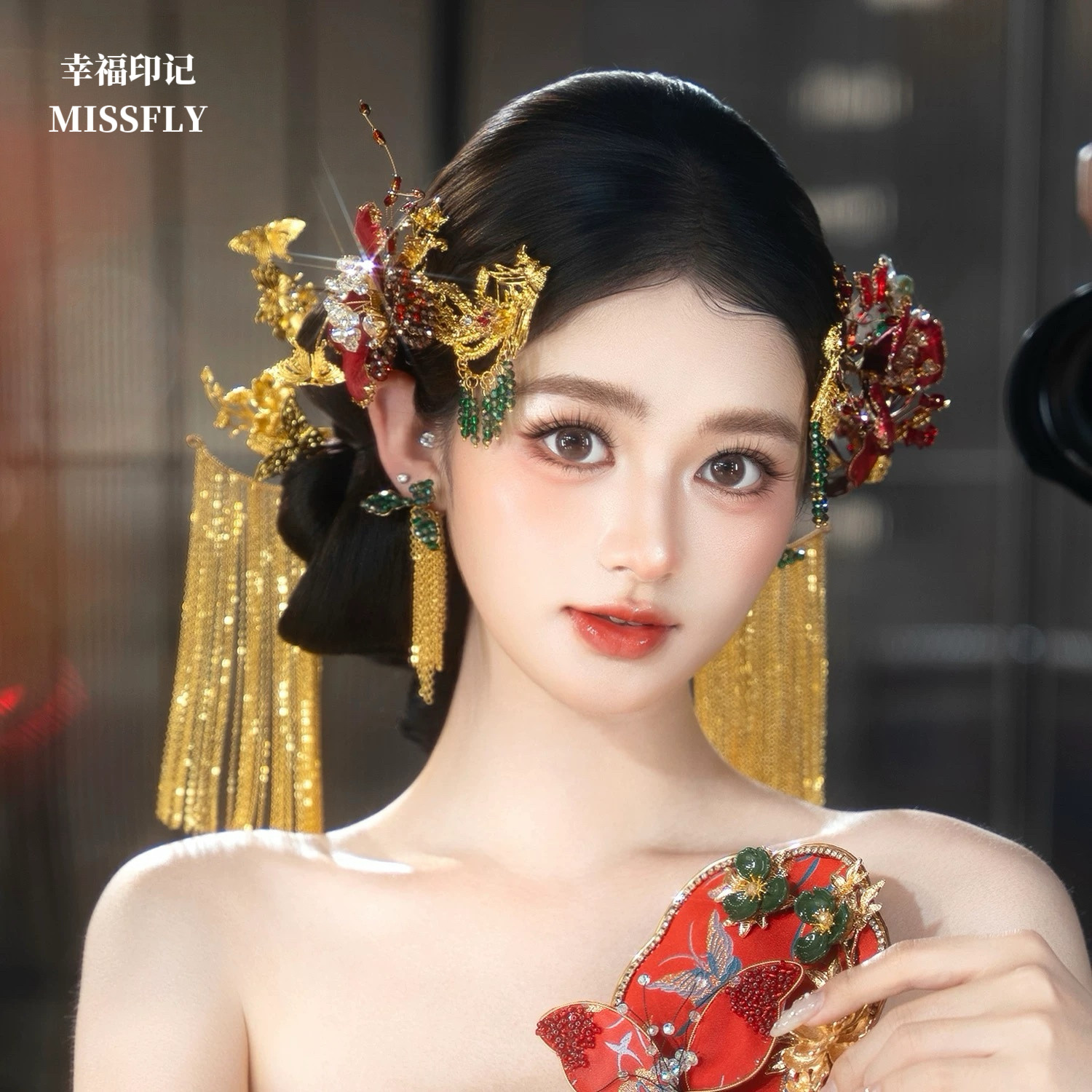 新娘头饰金红色绒花发夹这边流苏发簪秀禾旗袍晨袍南洋礼服发饰