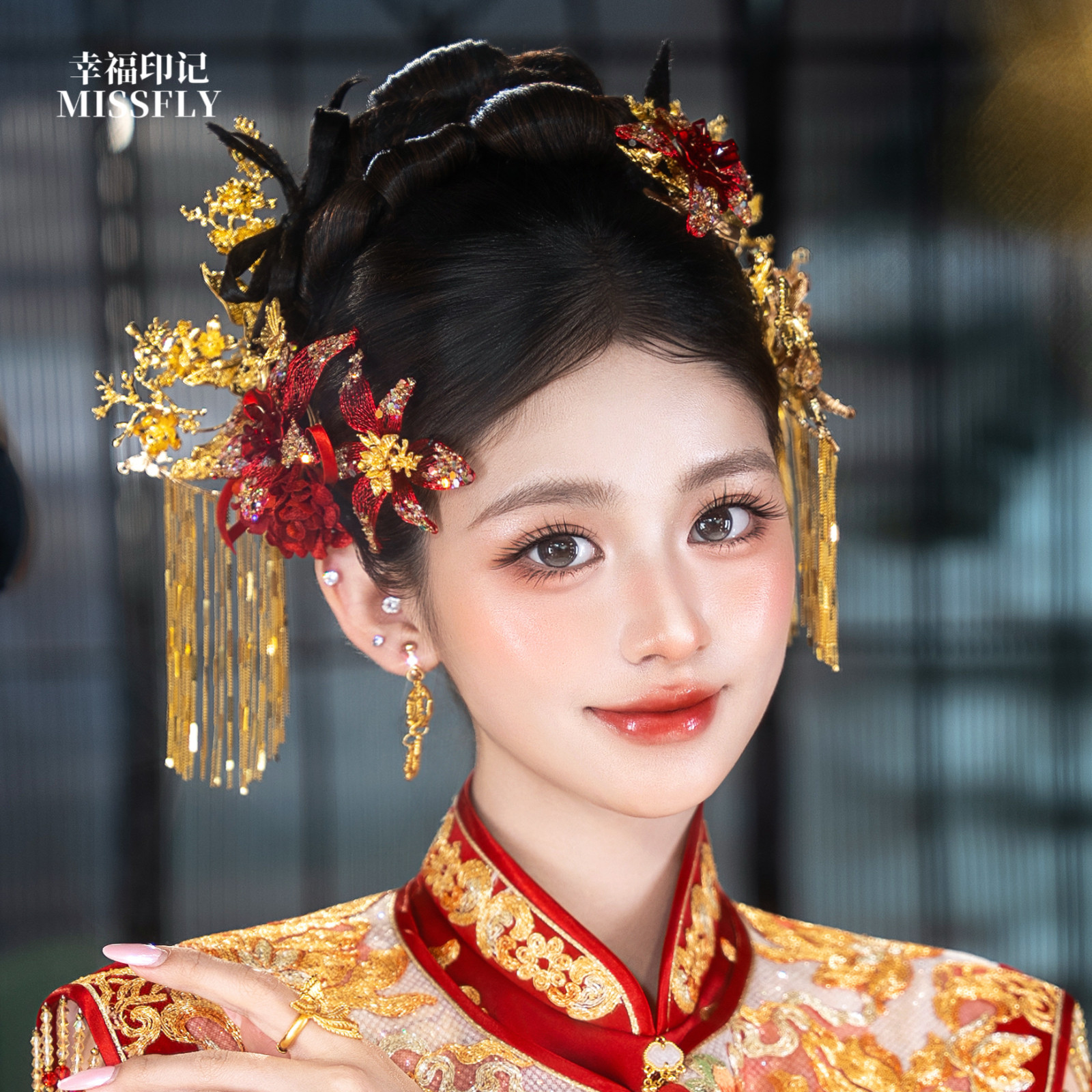 新娘头饰金红色缠花凤凰蝴蝶发钗秀禾旗袍龙凤褂马面裙减龄发饰