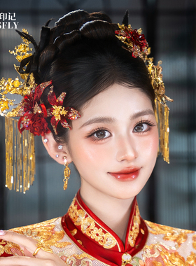 新娘头饰金红色缠花凤凰蝴蝶发钗秀禾旗袍龙凤褂马面裙减龄发饰