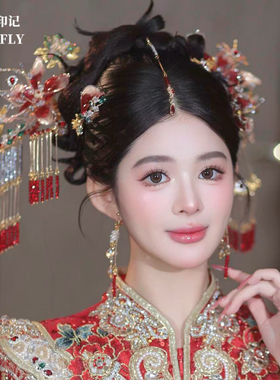 金红绿色秀禾新娘头饰新中式婚礼发饰高级汉服分体水凝胶发饰减龄