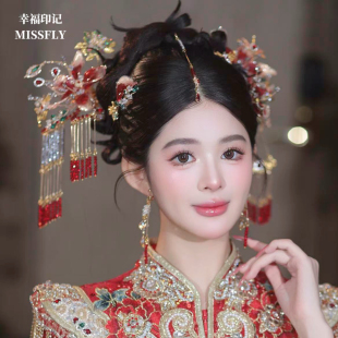 金红绿色秀禾新娘头饰新中式婚礼发饰高级汉服分体水凝胶发饰减龄