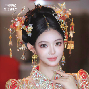 新中式新娘花朵头饰金红色秀禾旗袍汉服龙凤褂晨袍发饰减龄高级