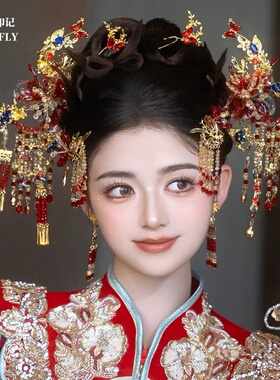 金红蓝色秀禾头饰新娘旗袍汉服新中式水凝胶花朵分体套装发饰减龄