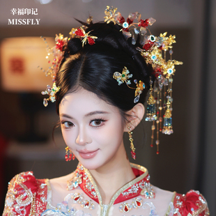 红色秀禾新娘头饰秀禾旗袍晨袍汉服新中式水晶流苏分体套装发饰