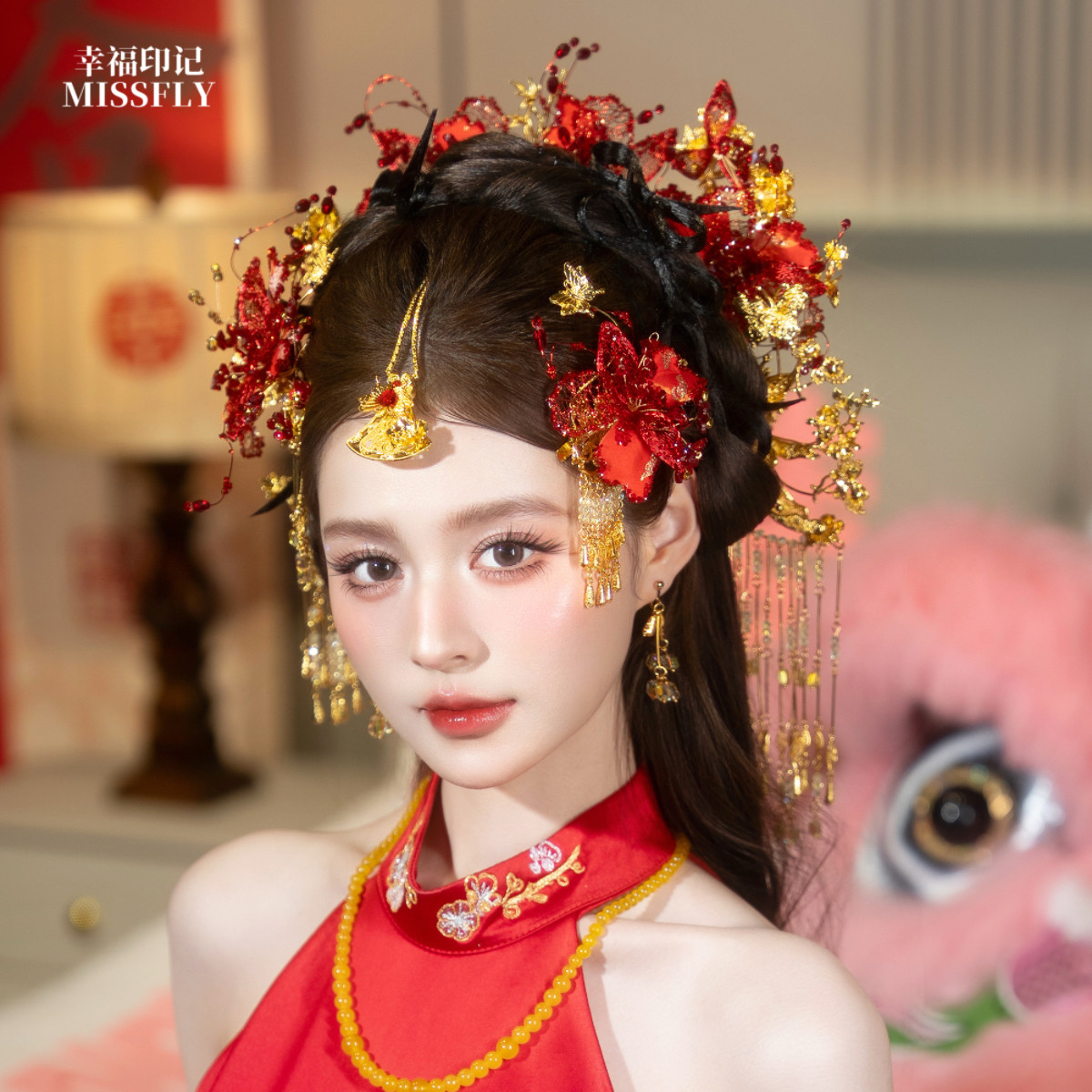 金红色新娘新中式头饰眉心额饰蕾丝花朵发簪秀禾旗袍龙凤褂发饰
