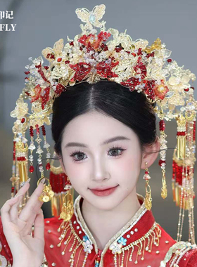 金红色秀禾新娘凤冠蝴蝶头饰琉璃花造液花头冠龙凤褂半冠发饰后区