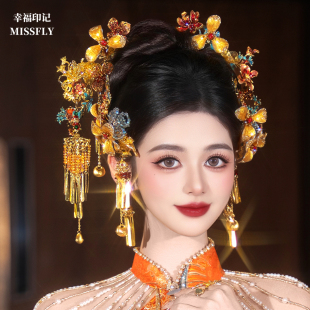 新娘新中式秀禾龙凤褂头饰金红蓝花朵分体套装发饰高级感减龄百搭