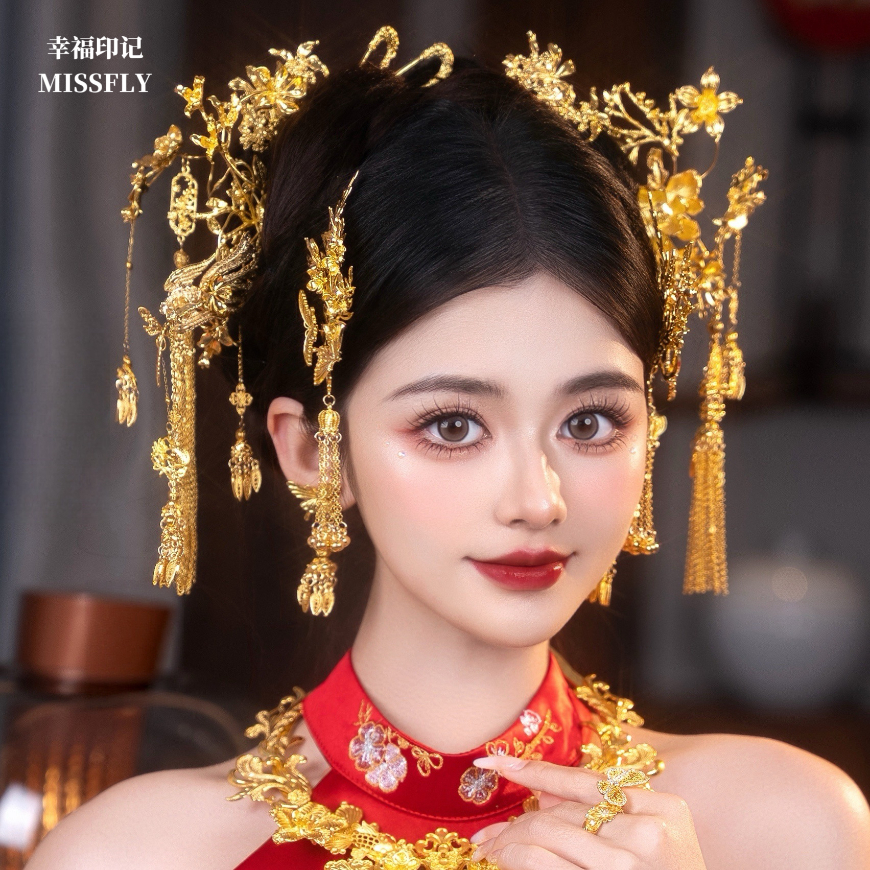 金色花朵凤凰蝴蝶发簪凤钗新娘头饰秀禾旗袍龙凤褂发饰新中式婚礼