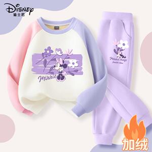 迪士尼女童加绒卫衣2024新款冬季童装大童女孩运动服儿童秋冬套装