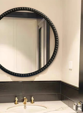 法式复古浴室镜圆形化妆镜LED黑色壁挂梳妆镜带灯卫生间镜子防水