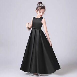 2026六一合唱钢琴乐器演奏服长款缎布儿童礼服红色公主走秀公主裙