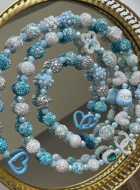 泡泡玛特盲盒手机链斜挎链dimoo达摩萌粒蓝色系钻球重油手绘珠