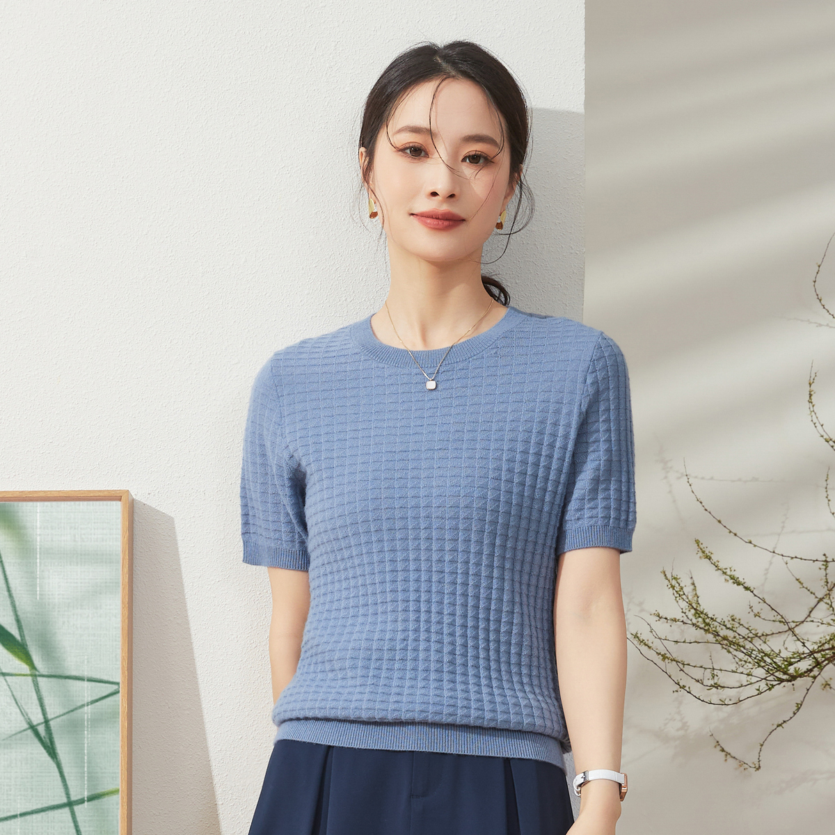 春竹内搭圆领针织半袖新款上衣