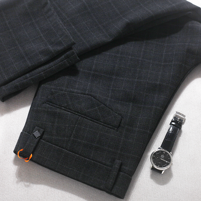 欧洲站英伦格纹男裤2025秋冬款磨毛商务后袋翻盖格子休闲裤子男款